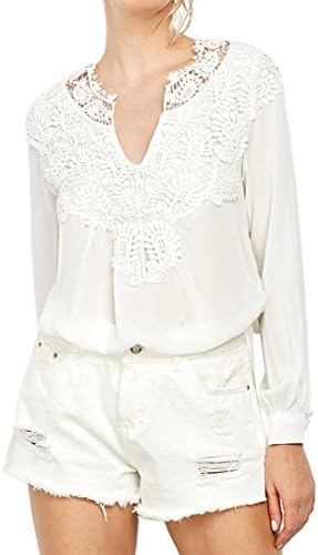Orangeskycn Women Tops And Blouses, Long Sleeves Lace Patchwork Chiffon T Shirt Ladies Casual Outwear