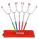 X-Chef Roasting Skewers, Marshmallow Roasting Sticks Hot Dog Forks Extendable 45'' Stainless Steel Telescoping Skewers For Camping Campfire Bonfire Barbecue
