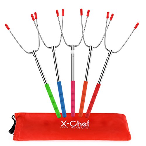 X-Chef Roasting Skewers, Marshmallow Roasting Sticks Hot Dog Forks Extendable 45'' Stainless Steel Telescoping Skewers For Camping Campfire Bonfire Barbecue