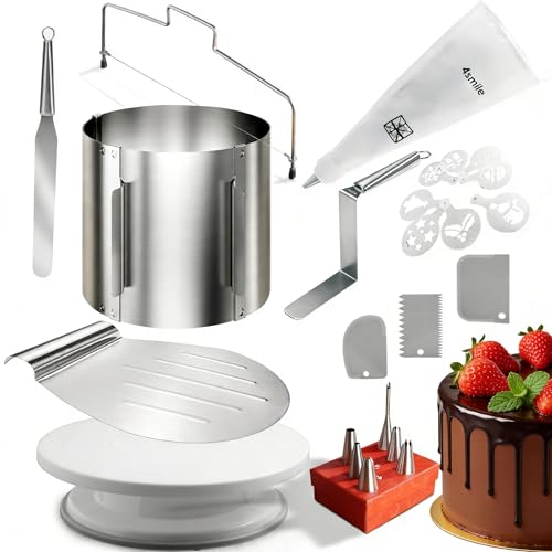 4smile Torten-Zubehör-Set 24 Teile - Tortenring verstellbar hoch 30 cm, Tortenschneider, Tortenheber, Tortenplatte drehbar, Streichpalette, Winkelpale