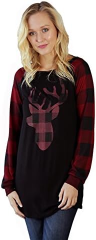 Preppy Doll Women's Cute Checkered Plaid Reindeer Print Sweatshirt or Sweater (Black Checkered, Small)