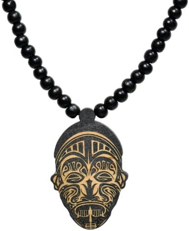 African Tribal Mask Wooden Pendant with Wood Bead Necklace SwaggWood Made in USA