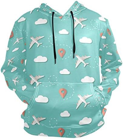 Mens Hoodie Travel Planes Clouds Position Blue Drawstring Hooded Sweatshirt