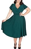 BLINGLAND Women's V-neckline Stretchy Midi Plus Size Cocktail Dress