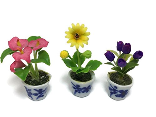 3pc Miniature Flower Clay Dollhouse Fairy Garden Mini Plant Trees Ceramic Paint Furniture Bundles Artificial Flowers Orchid #058