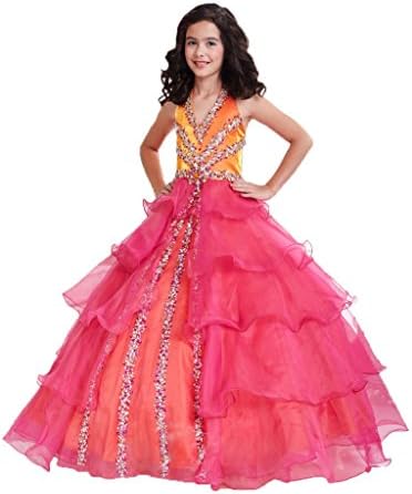 Wenli Girls' Tiered Colorful Ball Gowns Halter Pageant Dresses 6 US Multicolored