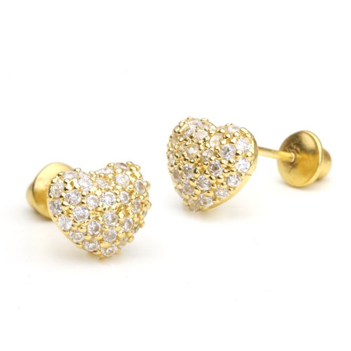 14k Gold Plated Brass Domed Heart Cubic Zirconia Screwback Girls Earrings with Sterling Silver Post