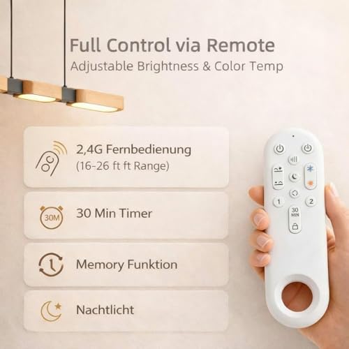 Epochglo Modern Wooden Kitchen Chandelier 90cm LED Lamp for Dining Room and Kitchen Island Dimmable 3000K-6500K with Remote Control and Memory Function