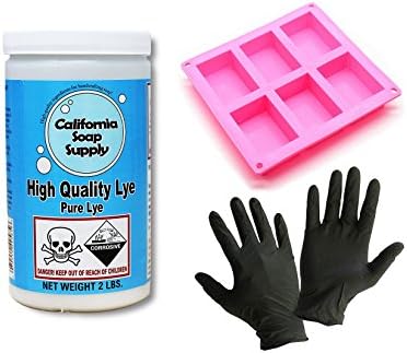 Pure Sodium Hydroxide LYE 2 LBS ( FDA APPROVED RECTANGLE SILICONE SOAP MOLD + 3 Pairs of High Grade Soap Making Gloves, Black, 2 Medium + 1 XLarge) by California Soap Supply
