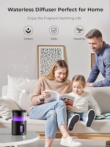 Pmsusoow Waterless Essential Oil Diffuser: 𝟗 𝐂𝐨𝐥𝐨𝐫𝐬 𝐋𝐄𝐃 Scent Diffuser for Home&Car&Office - Portable Diffuser with 48H Battery, 4 Timers & 3 Mist Levels, Carbon Black