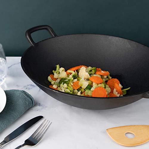 Pre-Seasoned Cast Iron Wok with 2 Handled and Wooden Lid (14 Inches) - Nonstick Iron Deep Frying Pan with Flat Base for Stir-Fry, Grilling, Frying, Steaming - Authentic Asian, Chinese Food By Homeries - Thumbnail 6