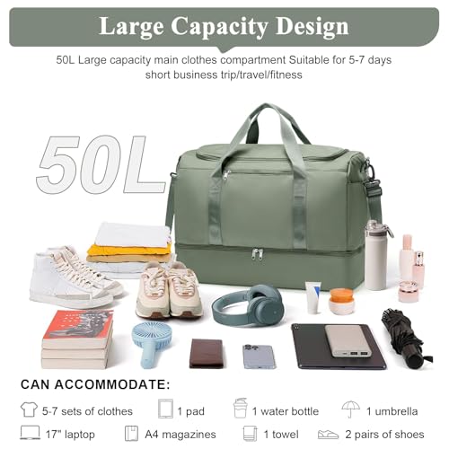 SEAFEW Travel Bag 40x30x20 for Ryanair,Waterproof Gym Sport Bag,Weekend Luggage Tote Bag 45x36x20 for Easyjet,Beach Swimming Bag, A01-Military Green, Very Large 53 x 37 x 26 (50L)