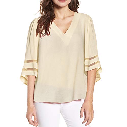Shy Velvet Women's V Neck 3/4 Bell Sleeve Chiffon Blouse Mesh Panel Loose Top Shirts Beige - Thumbnail 7