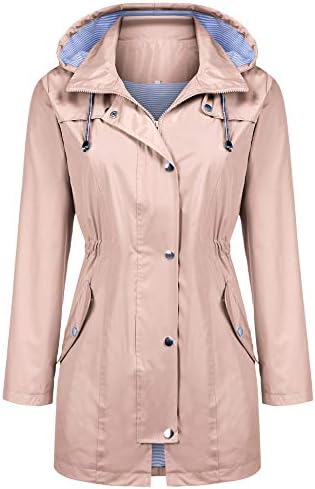 Kikibell Rain Jacket Women Striped Lined Hooded Lightweight Raincoat Outdoor Waterproof Windbreaker