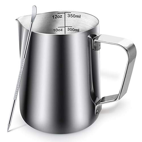 Milk Frothing Pitcher Jug - 12oz/350ML Measurements Steaming Pitchers, Stainless Steel Coffee Tools Cup, Espresso, Latte Art and Frothing Milk, Attached Latt Art Pen