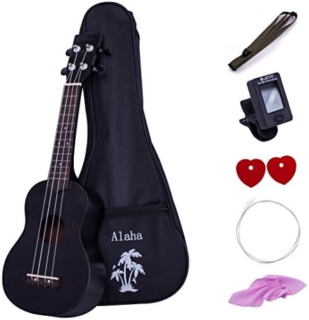 Soprano Ukulele Mahogany 21 Inch Ukelele Hawaiian Guitar Beginner Kit with Gig Bag - Black