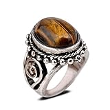 YAZILIND Vintage Antique Oval Cut Brown Tiger Eye Retro Silver Plated Ring Women