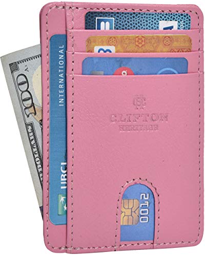 RFID Leather Front Pocket Slim Wallets- Genuine Leather Minimalist Credit Card Holder By Clifton Heritage (Pink Nappa)