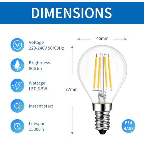 ANWIO 6 × 5.5 W LED Filament Bulb, Equivalent to a Power of 60 W, Warm Light LED Bulb with E14 Base, 806 Lumens, 2700 K Warm White, Retro Style G45 Bulb, Non-Dimmable.