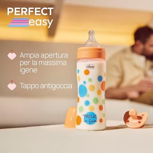 Biberon Perfect Easy Flusso Veloce, con Tettarella Physio in Morbido Silicone Soft Sense, Anticolica, Riduce Rigurgito e Irritabilità, Bottiglia in Plastica da 330ml, 4 Mesi+, Bambino