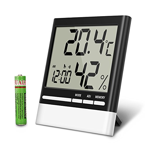 Temperature Hygrometer, EIVOTOR Indoor Thermometers Humidity Monitor with LCD Display, Home Digital Dual Wall Alarm Clock with Day, Date - Battery Included