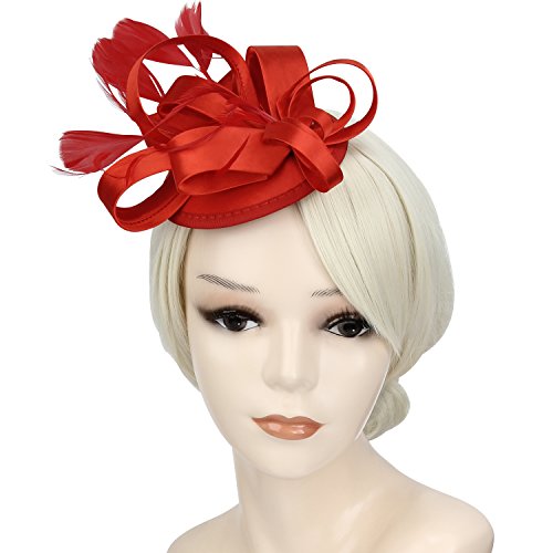 Acecharming Fascinators for Women, Feather Sinamay Fascinators with Headbands Tea Party Pillbox Hat Flower Derby Hat(Red Feather) - Thumbnail 6