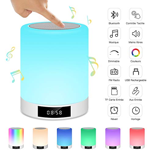 Lampe de Chevet Tacile Rechargeable Portable, Lampe de Table Enceinte Bluetooth Musique, FM Radio Réveil Lumière LED Multicolor Mains Libres pour Chambre à Coucher, Bureau, Salle de bébé Tikitaka