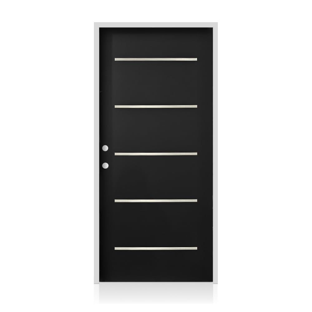 Photo 1 of **MAJOR DAMAGE - See Clerk Notes**
36 in. x 80 in. Right-Hand Black Steel Prehung Front Door with Bore Hole