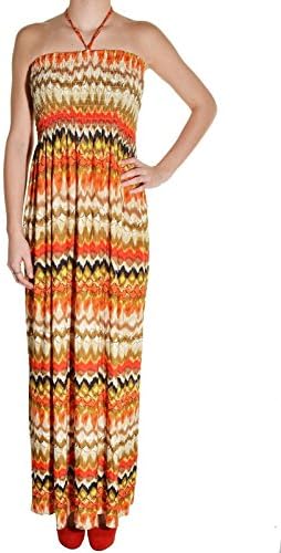 Isla Bonita Chevron Long Smocked Maxi Halter Dress (Orange/Cream, One Size)