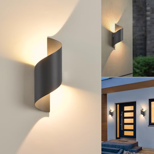KUKAK Indoor/Outdoor Wall Lamp, 10 W LED Wall Lamp, IP65 Waterproof, Bedroom Wall Lamp, Warm White 3000K, Garden Wall Lamp, Living Room, Dark Grey
