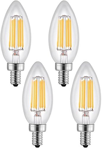 (4 pack) Dimmable LED Chandelier E12 Candelabra Bulb Warm White 2700K, 60-watt Equivalent Candle Lighting, Clear Glass 600 Lumens, Torpedo Shape Bullet Top