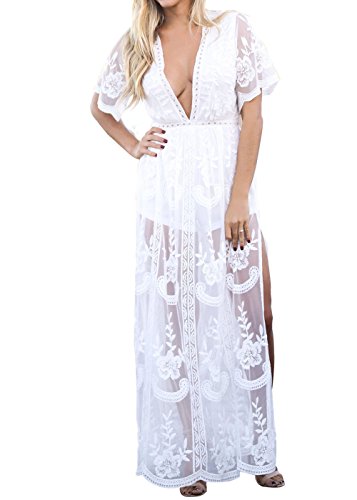 Eleter Women's Deep V-Neck Lace Romper Short Sleeve Long Dress - Import It All Eleter Women's Deep V-Neck Lace Romper Short Sleeve Long Dress - Import It All