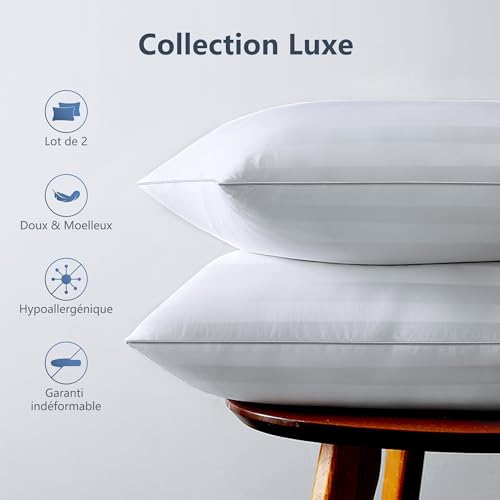 TESQ Oreiller 60x60 cm - Oreillers Lot de 2 Luxe Hôtelier au Remplissage Amélioré, Confortable et Respirant Certifié Oeko-TEX, Idéal pour Dormeurs sur Le Côté, Le Dos et Le Ventre, Lavable
