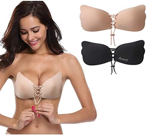 Acexy Invisible Adhesive Bra 2 Pack Sticky Bra Reusable Push Up Invisible Women Bra Drawstring Silicone Bras