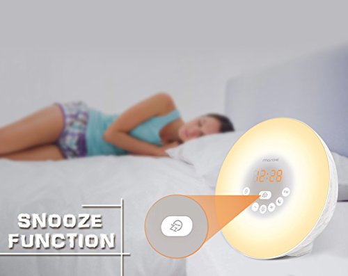 Mosche Sunrise Alarm Clock, Digital Clock, Wake Up Light with 6 Nature Sounds, FM Radio and Touch Control (Wood White)