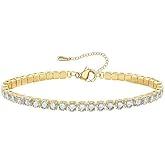 LKANF Flower Bracelets for Women, Gold Bracelets Cubic Zirconia Simulated Diamond Station Beaded Tennis Chain Bracelet