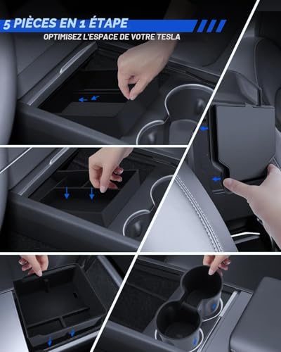 LANTU 5pcs Accessories for Tesla Model Y 2025-2026, Junior Center Console, Silicone Organizer Tray, Armrest Storage Box, Hidden Box and Cup Holder (Flocking)