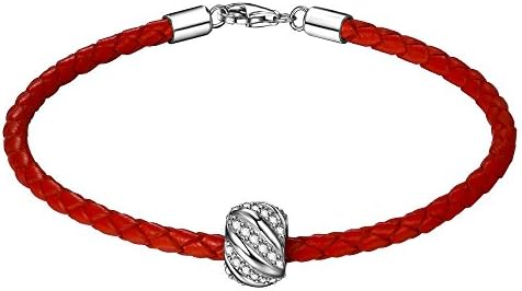 ZENI Leather Woven Bracelet 925 Sterling Silver 3A Zirconia “Shining Galaxy” Charm Bead 7.5 Inches Red Women and Men Couple Bracelet♥Mother’s Day Gifts♥