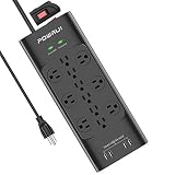 Surge Protector(4000 Joules), POWRUI Power Strip with 12-Outlet and 4 USB Ports(5V/6A, 30W) and 6-Foot(1875W/15A) Heavy Duty Extension Cord, ETL Listed, Black
