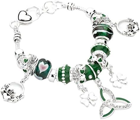 Celtic Bracelet Claddagh Z2 Irish Shamrock Clear Crystal Green Murano Glass Bead Silver Tone