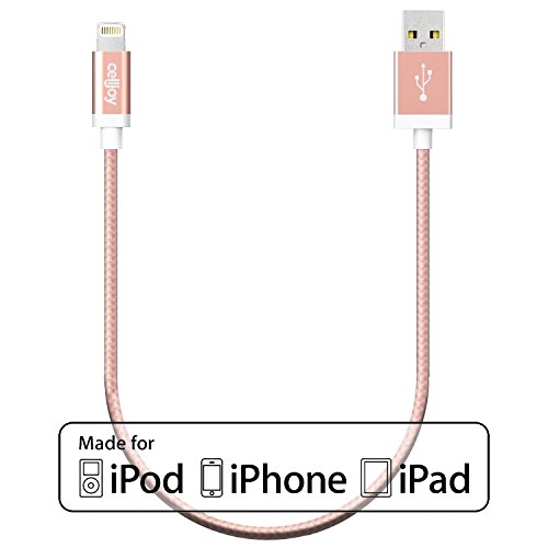 [Apple MFi Certified] CellJoy [Heavy Duty Braided] 1ft / 0.3m Tangle-Free Short Lightning to USB Cable, Best Charge Cord For iPhone, iPod, and iPad (Rose Gold)