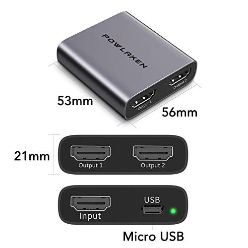 HDMI Splitter 1 in 2 Out - POWLAKEN 4K Aluminum HDMI Splitter, Powered HDMI Splitter Supports 3D 4K@30HZ Full HD1080P for Xbox PS4 PS3 Fire Stick Roku Blu-Ray Player Apple TV HDTV - Thumbnail 4