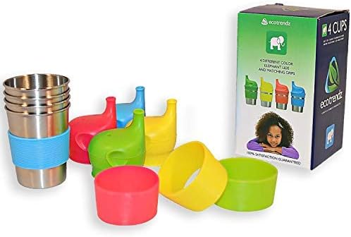 Ecotrendz Stainless Steel Cups & Silicone Sippy Lids with Sleeves for Kids Toddlers Baby Girls, Boys, (4pc - 8oz) Eco Safe BPA Free Drinking Set