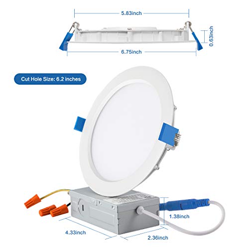 JJC 13W 6 Inch Ultra Thin Led Recessed Lights with Junction Box,3000K Warm White, CRI90+, IC Rated,1000 Lumens 65W Eqv. Dimmable Led Downlight ETL and Energy Star Certified- 6 Pack