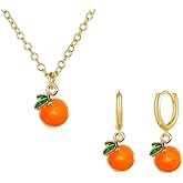 ONLYJUMP Fruit Earrings and Necklace Set for Women Funny Simulated 3D Lemon Banana Orange Peach Hoop Earrings Tropical Fruit Pendant Necklace Jewelry Set Statement Summer Beach Jewelry