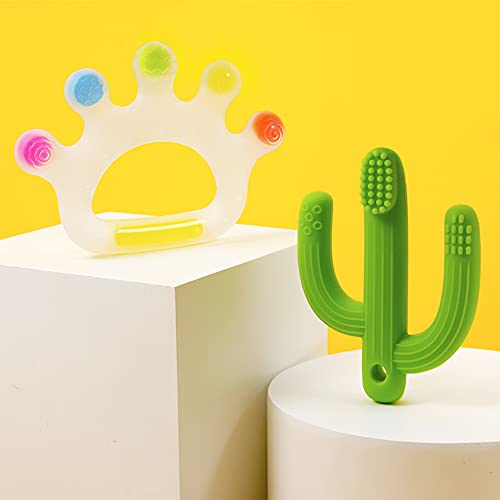 Candy Crown and Cactus Baby Teething Toys Set,for Newborn Infants and Toddlers,Self-Soothing Pain Relief Soft Silicone Teether and Training Toothbrush for Babies, Soothes Babies Sore Gums