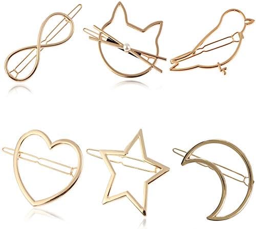Fagushome 6pcs Minimalist Dainty Hair Clips Gold Hollow Geometric Alloy Hairpin Hair Clamps,Bird,Cat,Star and Moon Multiple Pattern for Girl Women (Gold)