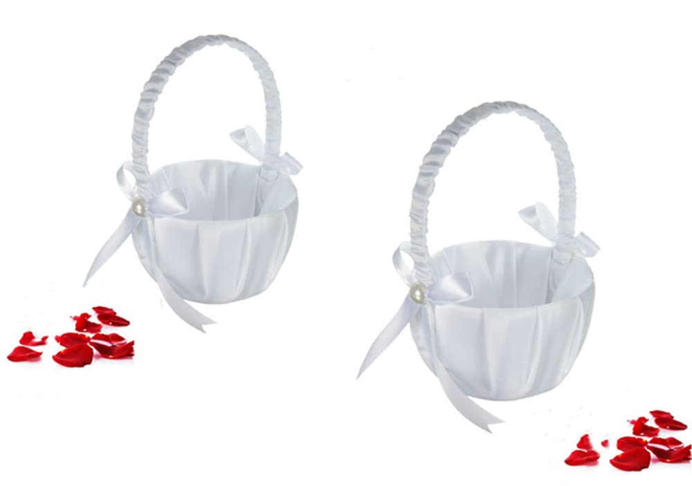 Flower Girl Wedding Flower Basket, White Western Style Flower Basket with Pearl Rhinestones Royal Bow, Suitable for Anniversary, Wedding Party Supplies