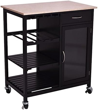 Black Rolling Wooden Kitchen Island Storage Utility Cart Dining Portable Trolley Stand With Storage Drawer Three Shelves Closed Cabinet Faux Marble Top Large Storage Space