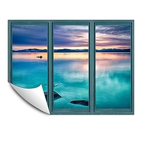 Wall Murals for Bedroom Fake Window Beach Blue Window Removable Wallpaper Peel and Stick Wall Stickers - 24x32 inches